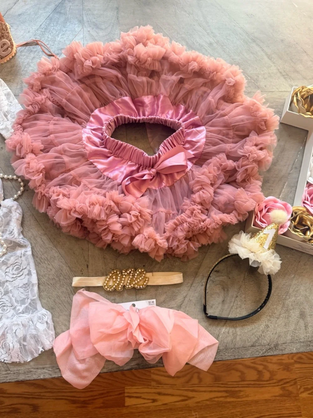 White Lace Baby Outfit with Rose Gold/Pink 